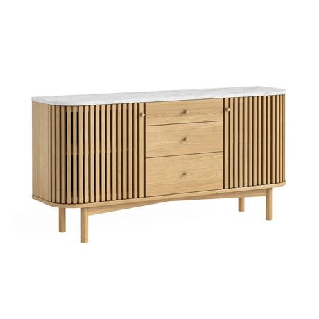 Soho Oak 2 Door Slatted Sideboard - White Marble Top - 140cm
