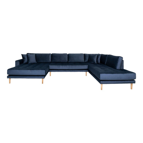 Lido Dark Blue Velvet Fabric Left Hand Facing U-Sofa Open End with Natural Legs