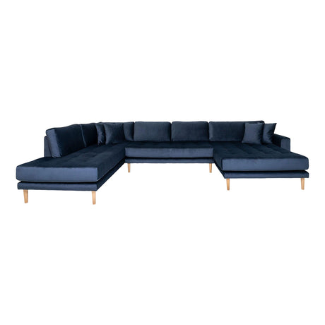 Lido Dark Blue Velvet Fabric Right Hand Facing U-Sofa Open End with Natural Legs