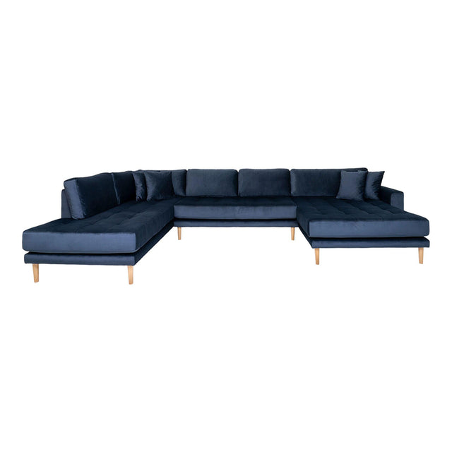 Lido Dark Blue Velvet Fabric Right Hand Facing U-Sofa Open End with Natural Legs