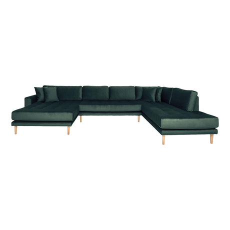 Lido Dark Green Velvet Fabric Left Hand Facing U-Sofa Open End with Natural Legs