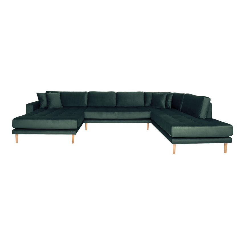 Lido Dark Green Velvet Fabric Left Hand Facing U-Sofa Open End with Natural Legs