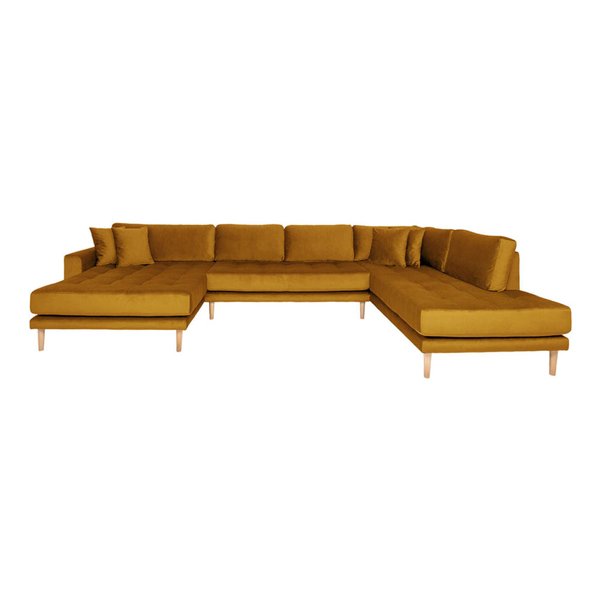 Lido Mustard Yellow Velvet Fabric Left Hand Facing U-Sofa Open End with Natural Legs