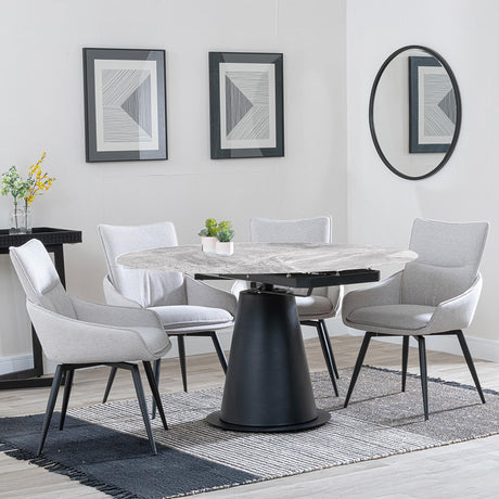 Carrara Grey Ceramic 4 Seater Round Extending Dining Set - 4 Ace Beige Fabric Swivel Dining Chair-3
