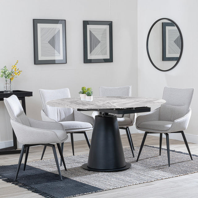 Carrara Grey Ceramic 4 Seater Round Extending Dining Set - 4 Ace Beige Fabric Swivel Dining Chair