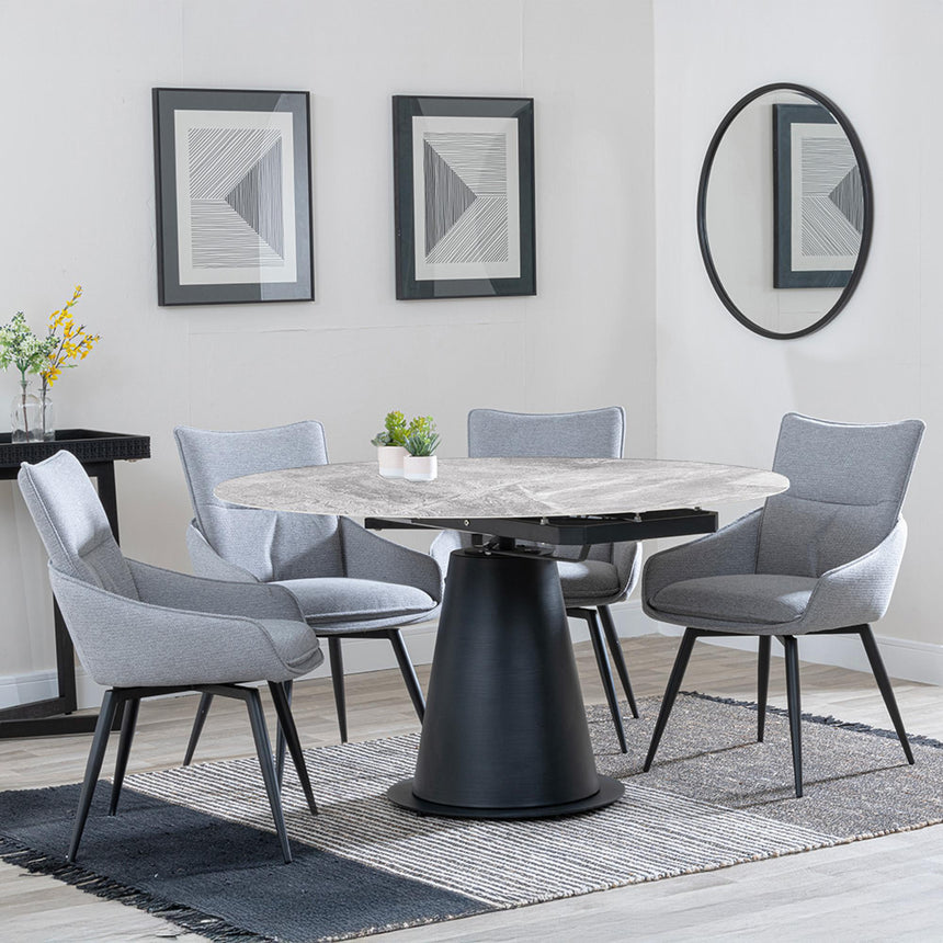 Carrara Grey Ceramic 4 Seater Round Extending Dining Set - 4 Ace Grey Fabric Swivel Dining Chair-2
