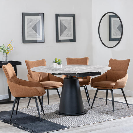 Carrara Grey Ceramic 4 Seater Round Extending Dining Set - 4 Ace Orange Fabric Swivel Dining Chair