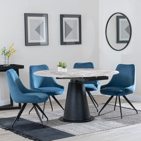 Carrara Grey Ceramic 4 Seater Round Extending Dining Set - 4 Arctic Blue Velvet Fabric Swivel Dining Chair-2