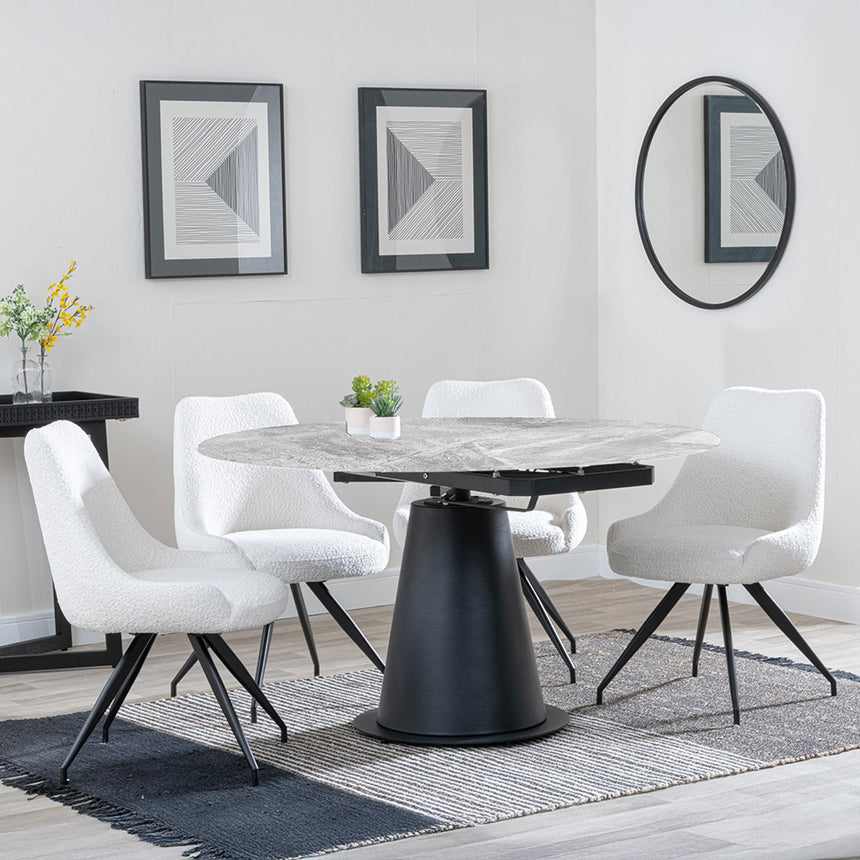 Carrara Grey Ceramic 4 Seater Round Extending Dining Set - 4 Arctic Cream Velvet Fabric Swivel Dining Chair-4