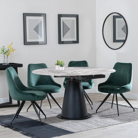 Carrara Grey Ceramic 4 Seater Round Extending Dining Set - 4 Arctic Green Velvet Fabric Swivel Dining Chair-3