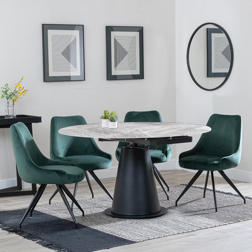 Carrara Grey Ceramic 4 Seater Round Extending Dining Set - 4 Arctic Green Velvet Fabric Swivel Dining Chair-2