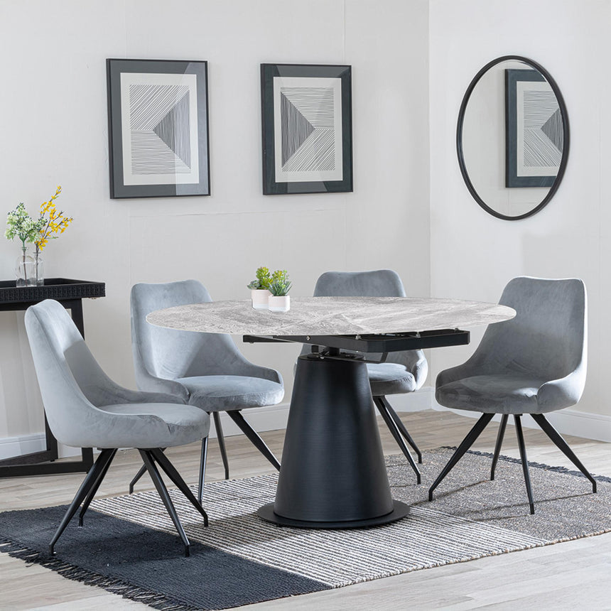 Carrara Grey Ceramic 4 Seater Round Extending Dining Set - 4 Arctic Grey Velvet Fabric Swivel Dining Chair-3