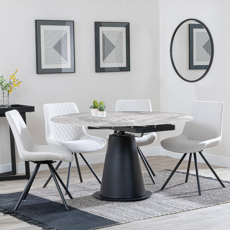 Carrara Grey Ceramic 4 Seater Round Extending Dining Set - 4 Boden Cream Fabric Swivel Dining Chair-3