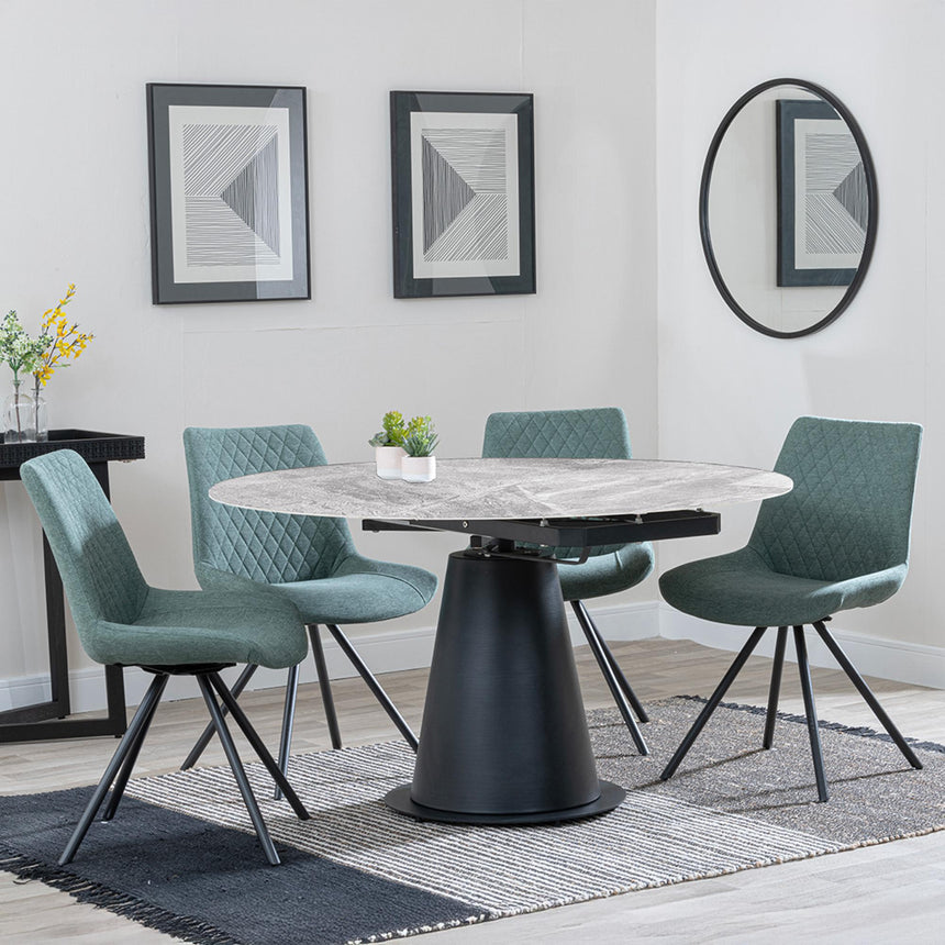 Carrara Grey Ceramic 4 Seater Round Extending Dining Set - 4 Boden Green Fabric Swivel Dining Chair-2