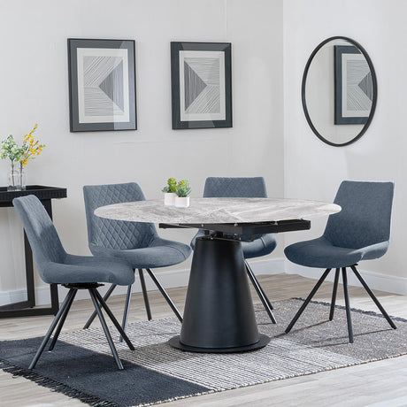 Carrara Grey Ceramic 4 Seater Round Extending Dining Set - 4 Boden Grey Fabric Swivel Dining Chair-6
