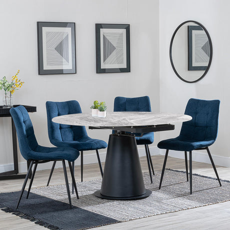 Carrara Grey Ceramic 4 Seater Round Extending Dining Set - 4 Corona Blue Fabric Dining Chair-5