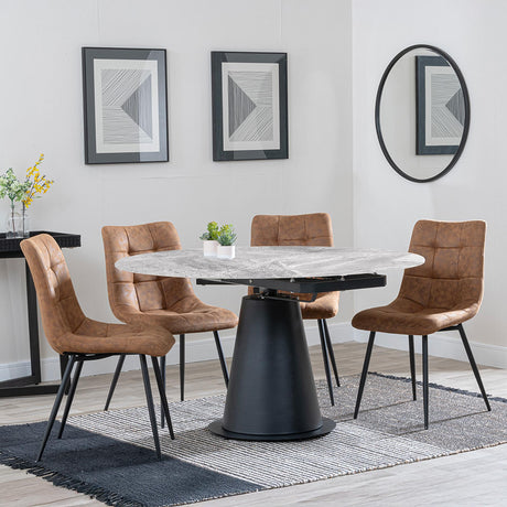 Carrara Grey Ceramic 4 Seater Round Extending Dining Set - 4 Corona Brown Fabric Dining Chair-8