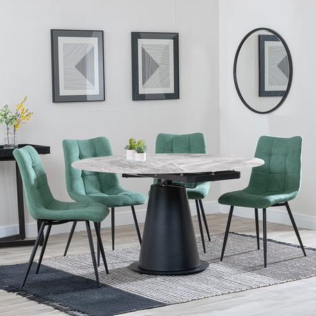 Carrara Grey Ceramic 4 Seater Round Extending Dining Set - 4 Corona Green Fabric Dining Chair-6