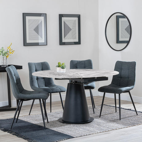 Carrara Grey Ceramic 4 Seater Round Extending Dining Set - 4 Corona Light Grey Fabric Dining Chair-7