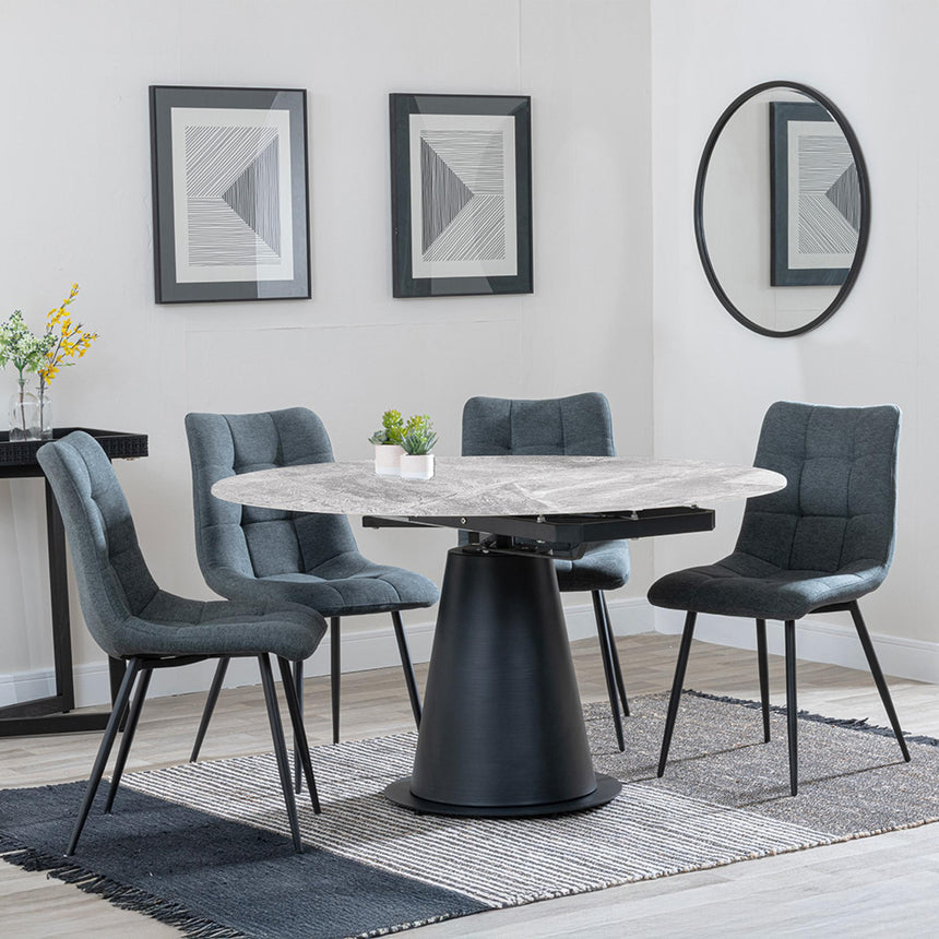 Carrara Grey Ceramic 4 Seater Round Extending Dining Set - 4 Corona Light Grey Fabric Dining Chair-7