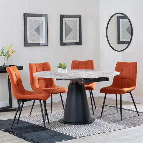 Carrara Grey Ceramic 4 Seater Round Extending Dining Set - 4 Corona Orange Fabric Dining Chair-3