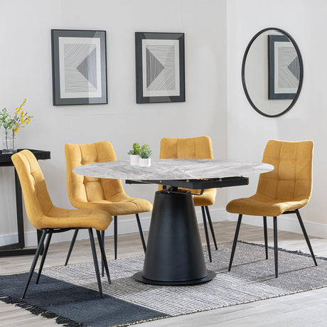 Carrara Grey Ceramic 4 Seater Round Extending Dining Set - 4 Corona Yellow Fabric Dining Chair-2