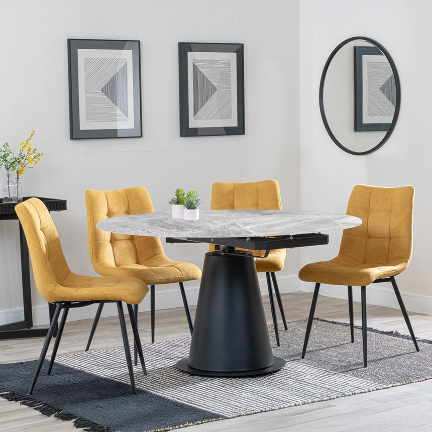 Carrara Grey Ceramic 4 Seater Round Extending Dining Set - 4 Corona Yellow Fabric Dining Chair-2