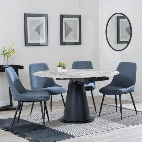 Carrara Grey Ceramic 4 Seater Round Extending Dining Set - 4 Darwin Dark Grey Fabric Dining Chair-2