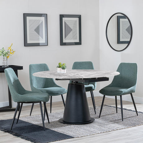 Carrara Grey Ceramic 4 Seater Round Extending Dining Set - 4 Darwin Green Fabric Dining Chair-5