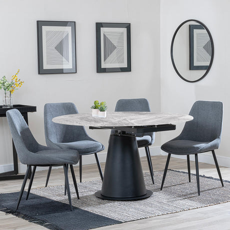 Carrara Grey Ceramic 4 Seater Round Extending Dining Set - 4 Darwin Grey Fabric Dining Chair-6