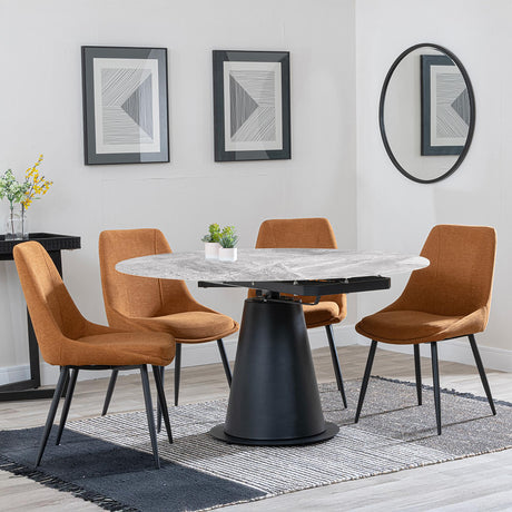 Carrara Grey Ceramic 4 Seater Round Extending Dining Set - 4 Darwin Orange Fabric Dining Chair-4
