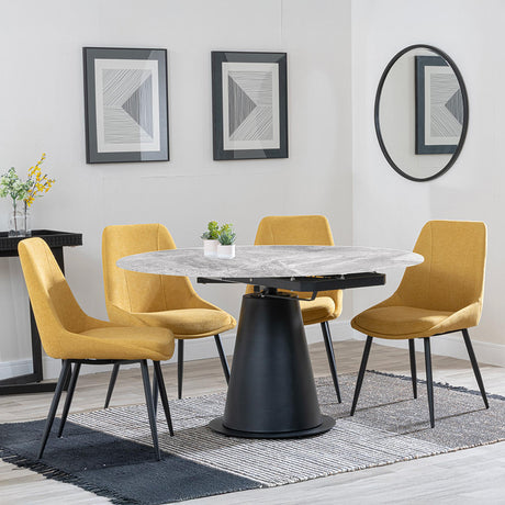 Carrara Grey Ceramic 4 Seater Round Extending Dining Set - 4 Darwin Yellow Fabric Dining Chair-4