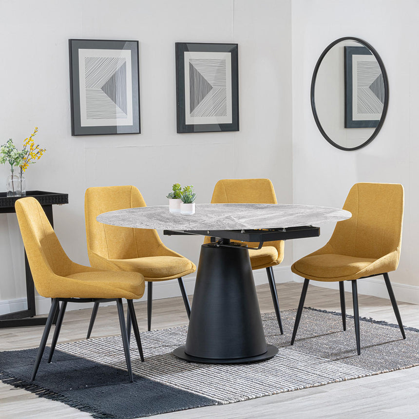 Carrara Grey Ceramic 4 Seater Round Extending Dining Set - 4 Darwin Yellow Fabric Dining Chair-3
