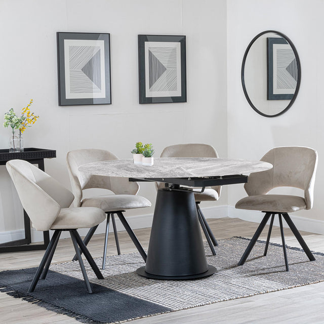 Carrara Grey Ceramic 4 Seater Round Extending Dining Set - 4 Ion Beige Velvet Fabric Swivel Dining Chair