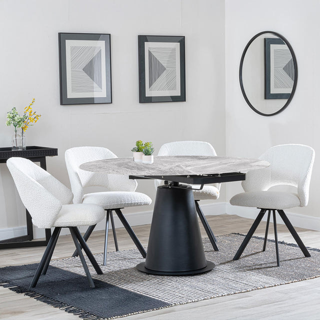 Carrara Grey Ceramic 4 Seater Round Extending Dining Set - 4 Ion Cream Boucle Teddy Fabric Swivel Dining Chair
