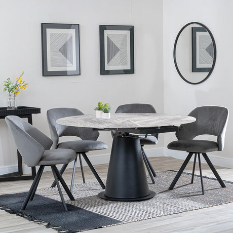 Carrara Grey Ceramic 4 Seater Round Extending Dining Set - 4 Ion Dark Grey Velvet Fabric Swivel Dining Chair