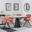 Carrara Grey Ceramic 4 Seater Round Extending Dining Set - 4 Ion Orange Velvet Fabric Swivel Dining Chair