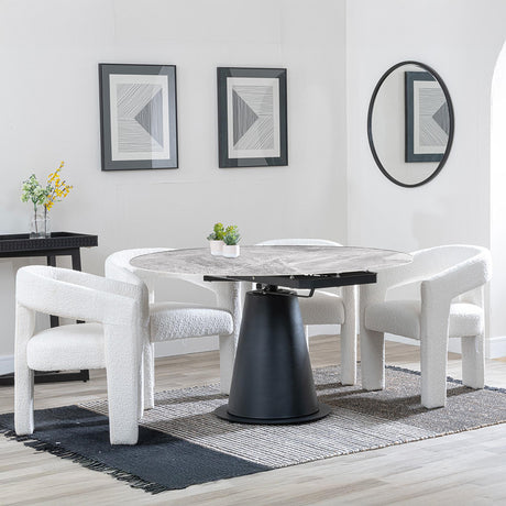 Carrara Grey Ceramic 4 Seater Round Extending Dining Set - 4 Kiefer Cream Boucle Fabric Dining Chair-2