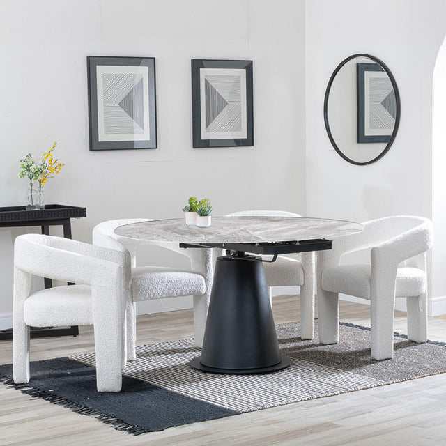 Carrara Grey Ceramic 4 Seater Round Extending Dining Set - 4 Kiefer Cream Boucle Fabric Dining Chair