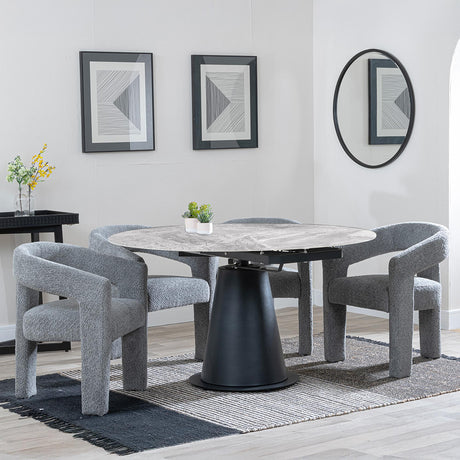 Carrara Grey Ceramic 4 Seater Round Extending Dining Set - 4 Kiefer Grey Boucle Fabric Dining Chair