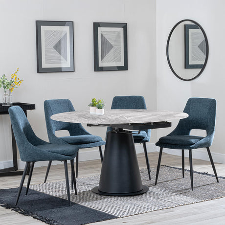 Carrara Grey Ceramic 4 Seater Round Extending Dining Set - 4 Peyton Blue Fabric Dining Chair