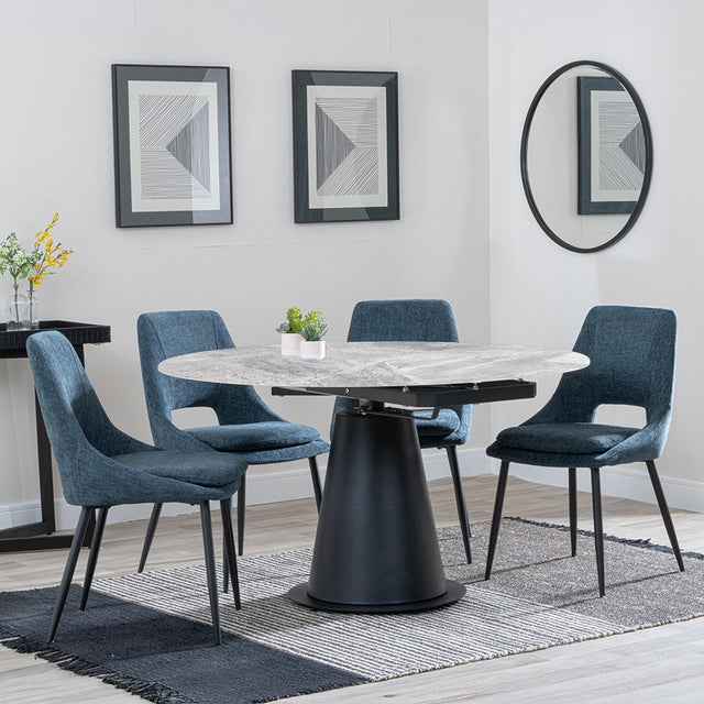 Carrara Grey Ceramic 4 Seater Round Extending Dining Set - 4 Peyton Blue Fabric Dining Chair
