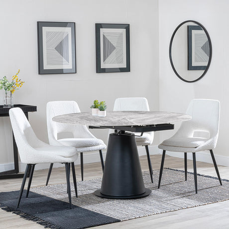 Carrara Grey Ceramic 4 Seater Round Extending Dining Set - 4 Peyton Cream Fabric Dining Chair