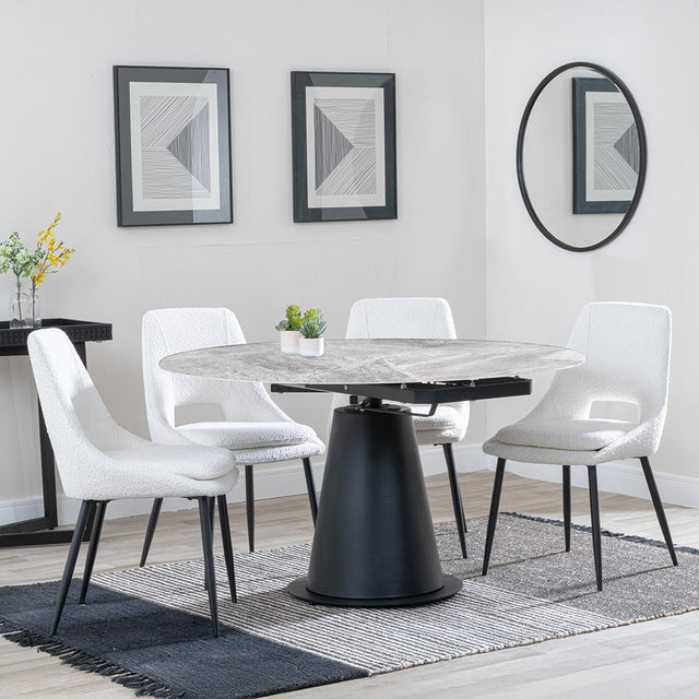 Carrara Grey Ceramic 4 Seater Round Extending Dining Set - 4 Peyton Cream Fabric Dining Chair