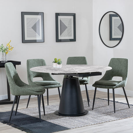 Carrara Grey Ceramic 4 Seater Round Extending Dining Set - 4 Peyton Green Fabric Dining Chair-4
