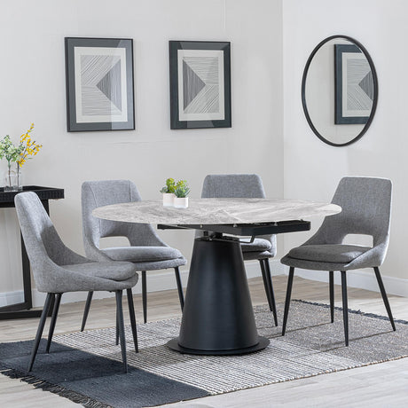 Carrara Grey Ceramic 4 Seater Round Extending Dining Set - 4 Peyton Grey Fabric Dining Chair-3