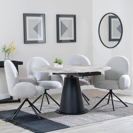 Carrara Grey Ceramic 4 Seater Round Extending Dining Set - 4 Theo Grey Fabric Swivel Dining Chair