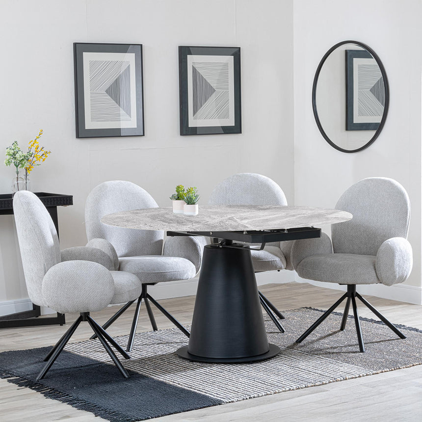 Carrara Grey Ceramic 4 Seater Round Extending Dining Set - 4 Theo Grey Fabric Swivel Dining Chair