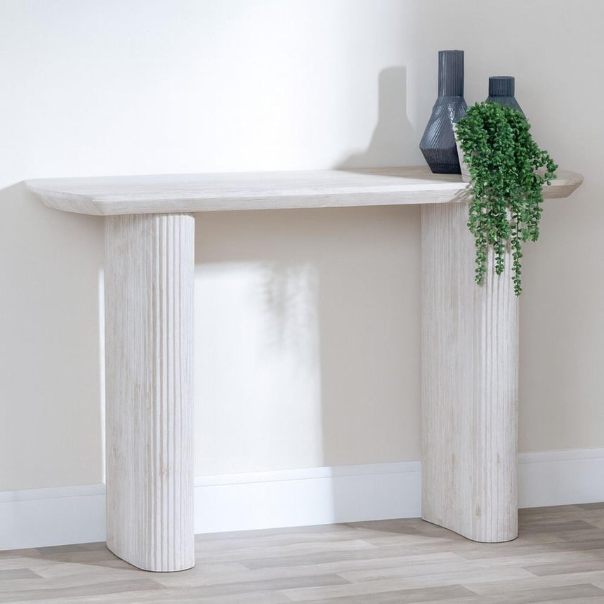 Bern Fluted White Washed Oak Effect Pedestal Console Table-3