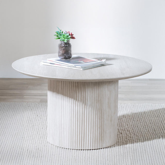 Bern Fluted White Washed Oak Effect Round Coffee Table with Drum Base